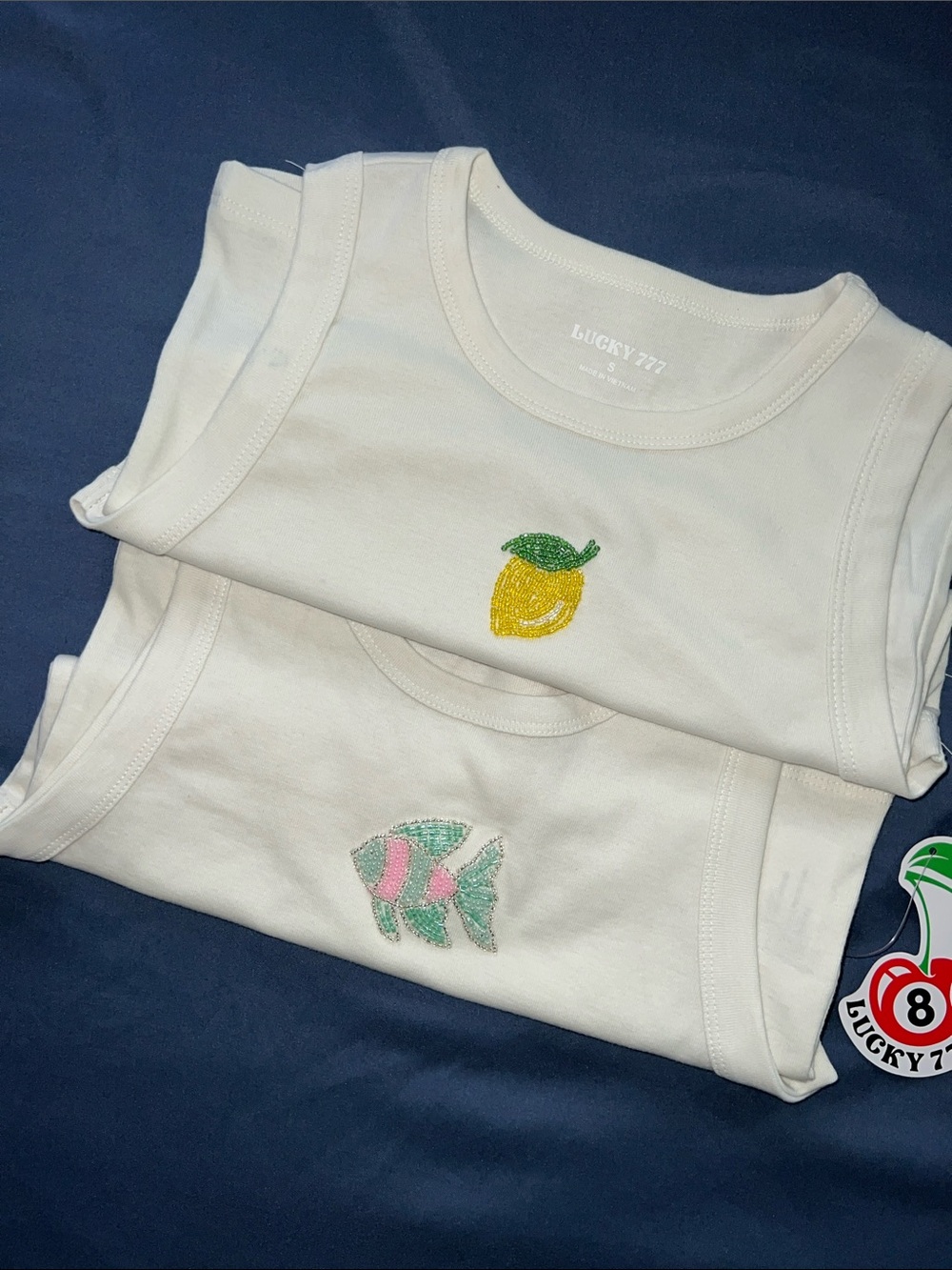 White Tank Tops with Lemon & Pastel Fish Embroidery Beaded Set